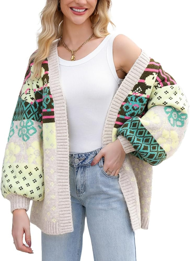 D-Sun Women's Printed Cardigan Sweater Front Open Long Sleeve Colorblock Cardigan Fall Winter Out... | Amazon (US)