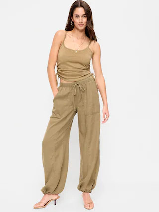 Mid-Rise Linen-Blend Cinched-Ankle Pants | Old Navy (US)