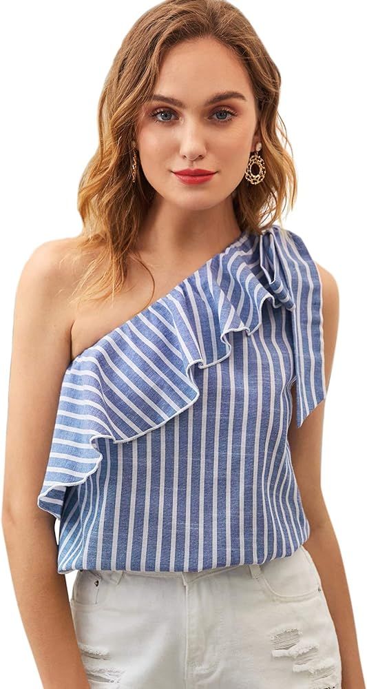 SheIn Women's Striped Print Sleeveless Tie Knot One Shoulder Ruffle Blouse Top | Amazon (US)
