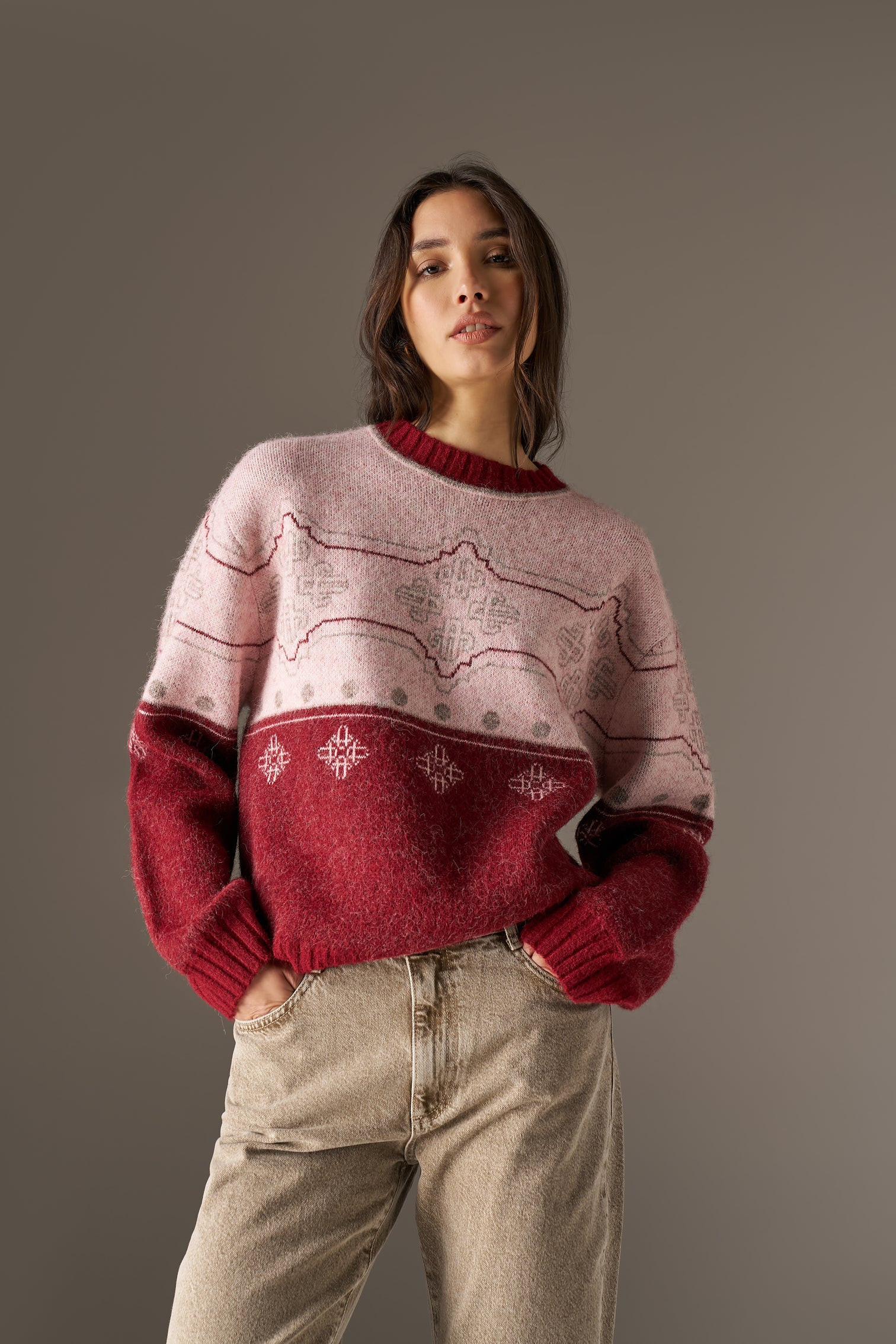 EMBLEM FAIR ISLE KNITTED JUMPER - BURGUNDY | The Couture Club