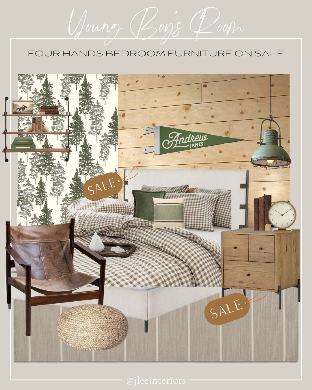 Reposting this boy’s bedroom inspiration board because the bed and nightstand are on sale right now through Layla Grayce! (Ends February 7th) Up to 25% OFF FOUR HANDS FURNITURE, plus free shipping! Natural cozy treehouse child’s room, kids' room, boy's room, leather sling chair, gingham bedding, four hands, nightstand, four hands bed, four hands dresser, industrial pendant light, pine tree wallpaper, upholstered bed, name pennant, bookshelf, kids bookshelf, stripped rug, wall shelf, natural woven pouf footstool, chasing paper wallpaper, Max Humphrey Collection

#LTKHome#LTKBaby#LTKKids 

 #LTKSaleAlert #LTKStyleTip