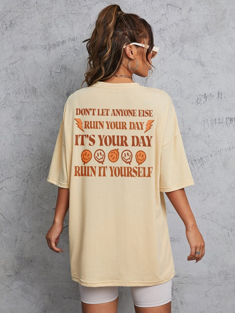 Cartoon And Slogan Graphic Drop Shoulder Oversized Tee | SHEIN