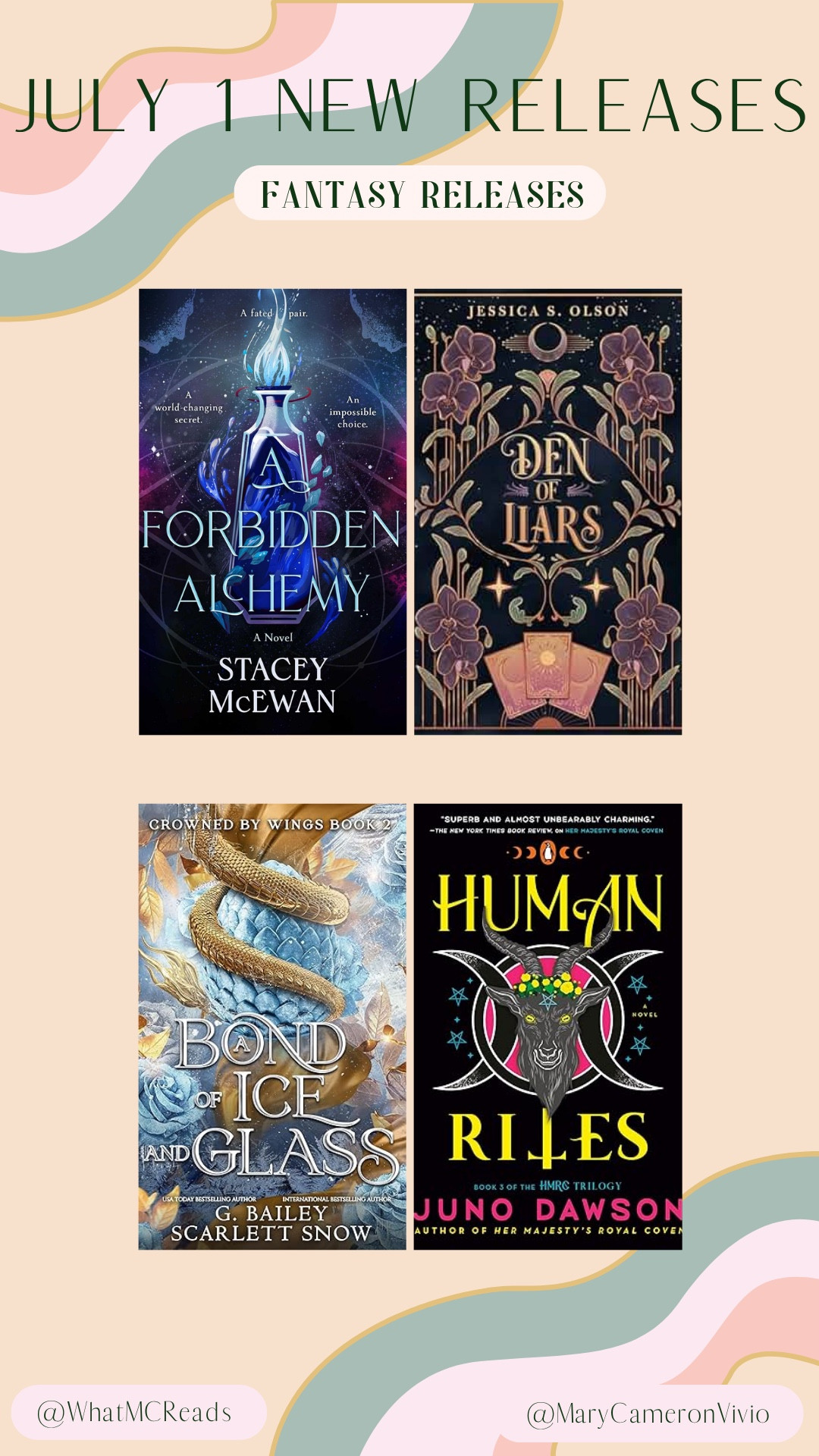 🔮 July 1 Fantasy Book Releases Have Arrived! 🔮

Looking for your next magical obsession? These new fantasy reads are packed with forbidden magic, dangerous secrets, otherworldly creatures, and powerful destinies 💫

Where you love dark covens, mythical beasts, or enemies-to-lovers fates, today’s new releases have something epic in store:

🌙 A Forbidden Alchemy - Stacey McEwan
🌙 Den of Liars - Jessica S. Olson
🌙 A Bond of Ice and Glass - G. Bailey & Scarlett Snow
🌙 Human Rites - Juno Dawson

#newbookreleases #fantasyreads #magicandmayhem new book releases, fantasy reads, magic and mayhem, fantasy reads 2025, book recommendations, fantasy tbr, to be read, must read fantasy, fantasy book recs #fantasyreads2025 #bookrecommendations #fantasytbr #mustreadfantasy #fantasybookrecs

#LTKSaleAlert #LTKFindsUnder50 #LTKHome