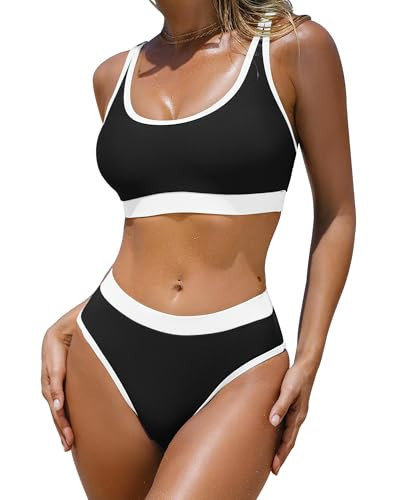 Jolefille Two Piece Swimsuit for Women High Waisted Bikini Sets Tummy Control Bathing Suit Color Block Teen Swim Suits | Amazon (US)