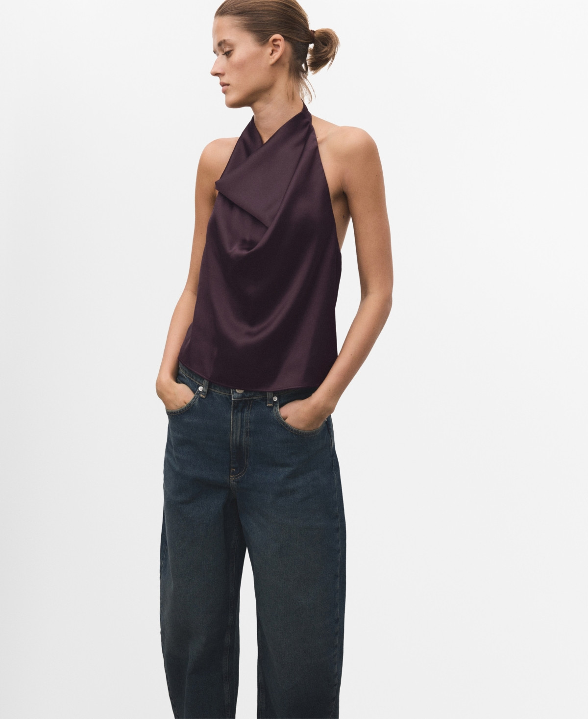 Mango Women's Draped Neck Satin Top - Plum | Macy's
