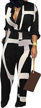 SeNight Women's Jumpsuits Elegant Business Casual Button Down V Neck Long Sleeve Strap Straight L... | Amazon (US)