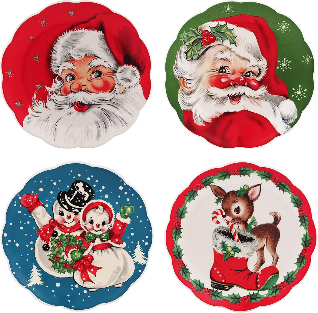 Mr. Christmas Vintage Christmas Dessert Plates Dinnerware, 8 Inch, Set of 4, Holiday Characters | Amazon (US)
