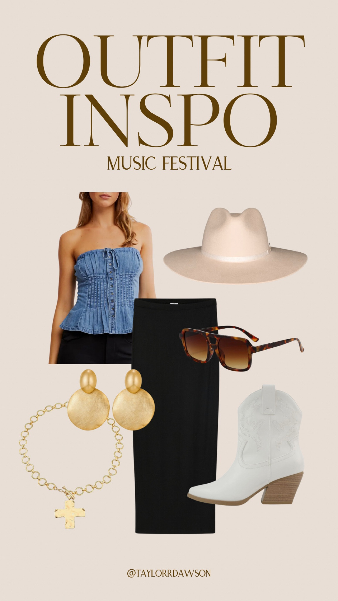 Music festival outfit inspo!

country concert outfit, maxi skirt, bodycon skirt, denim top, strapless top, boho outfit, cowgirl hat, fedora, cowgirl boots, western boots, chunky necklace, drop earrings, cross necklace

#LTKParties #LTKStyleTip #LTKItBag