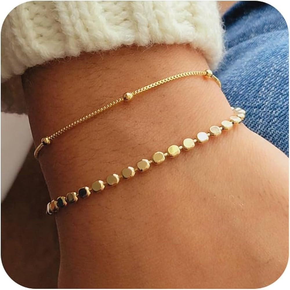 Gold Bracelets for Women, 14K Gold Plated Dainty Bracelet Set Stackable Paperclip Box Bead Chain ... | Amazon (US)