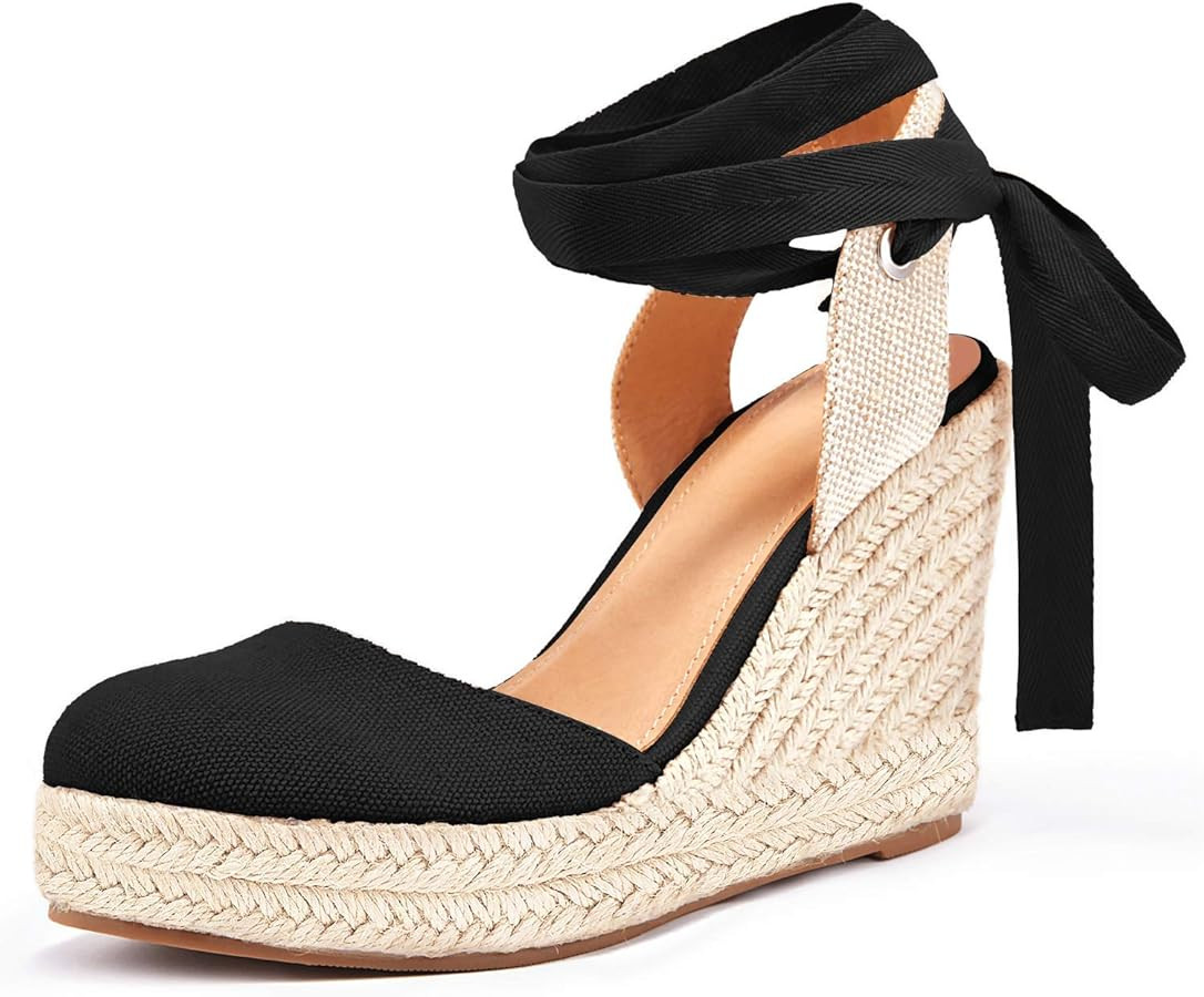 Ermonn Womens Espadrilles Wedge Sandals Platform Closed Toe Ankle Strap Lace Up Summer Shoes | Amazon (US)