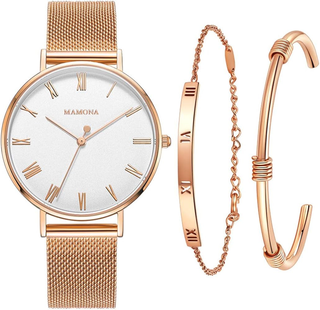 Women's Mesh Rose Gold Strap Watch with White Dial Wrist Watch Gift Set L3892RGGT | Amazon (US)