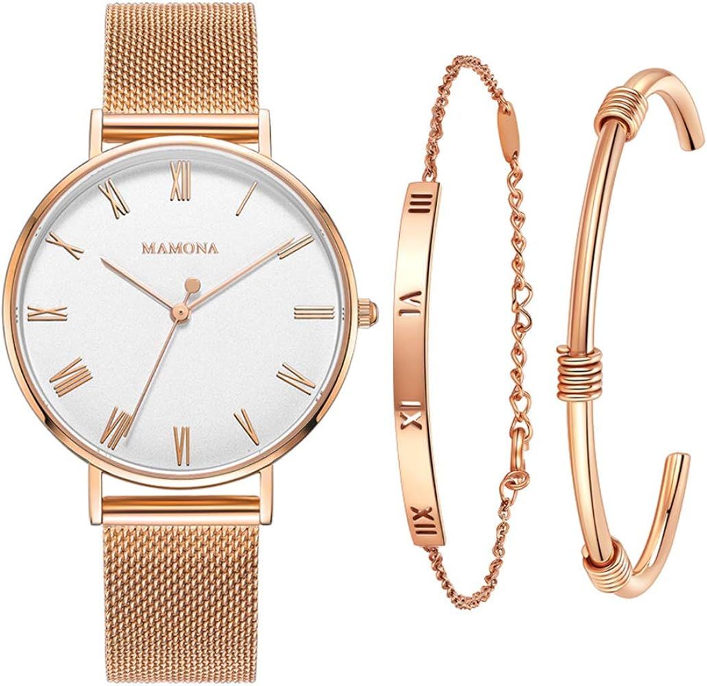 Women's Mesh Rose Gold Strap Watch with White Dial Wrist Watch Gift Set L3892RGGT | Amazon (US)