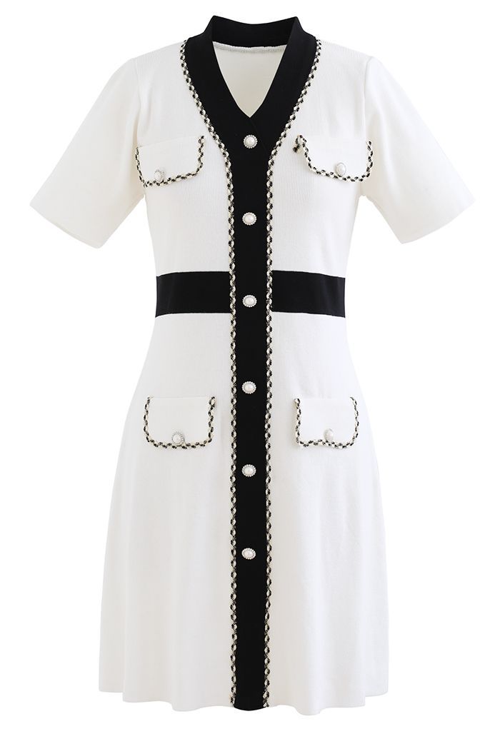 Retro Grace Contrast Color Knit Dress in White | Chicwish