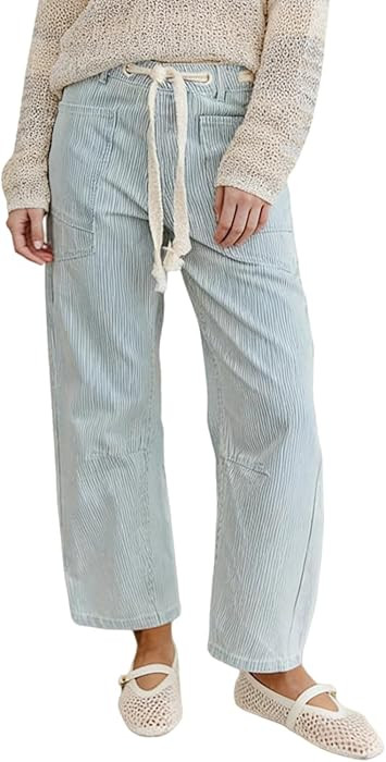yoeasy Women Drawstring Barrel Jeans Striped Loose Wide Leg Denim Ankle Pants Y2k Baggy Boyfriend... | Amazon (US)
