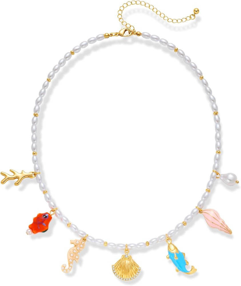 Pearl Choker Necklaces With Multi Beach Charms Shell Conch Starfish Jewelry | Amazon (US)