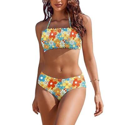 AI'MAGE Women's Two Piece Bandeau Bikini Set Mid Waisted Cute Floral Ruched… | Amazon (US)