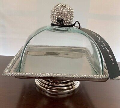 TAHARI 7.5" W X 7.5" H glass dome sq. pedestal dish with rhinestone trim NWT | eBay US
