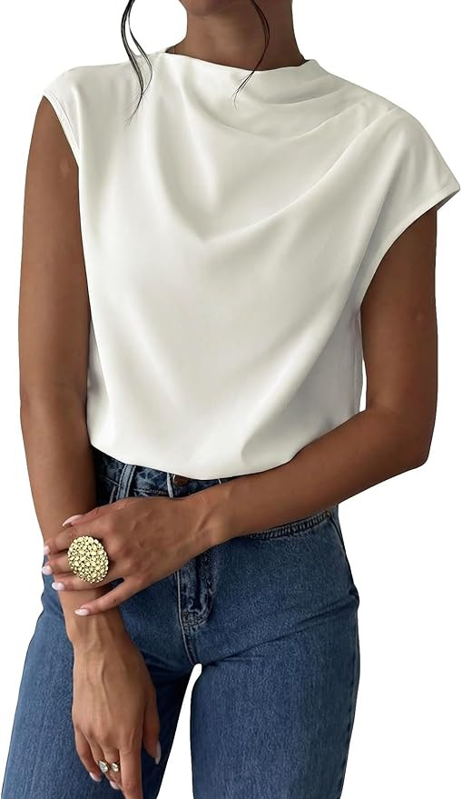 MakeMeChic Women's Draped Neck Tops Cap Sleeve Mock Neck Keyhole Work Shirt Summer Blouse | Amazon (US)