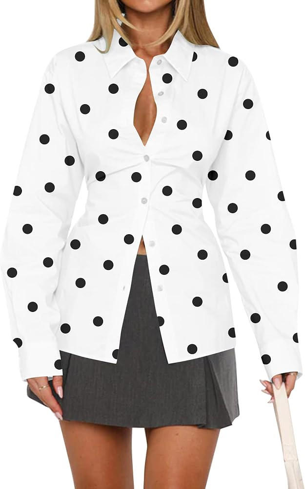 Women Long Sleeve Button Down Shirt Tie Back Cinched Waist Lapel Collar Corset Blouse Work Casual... | Amazon (US)