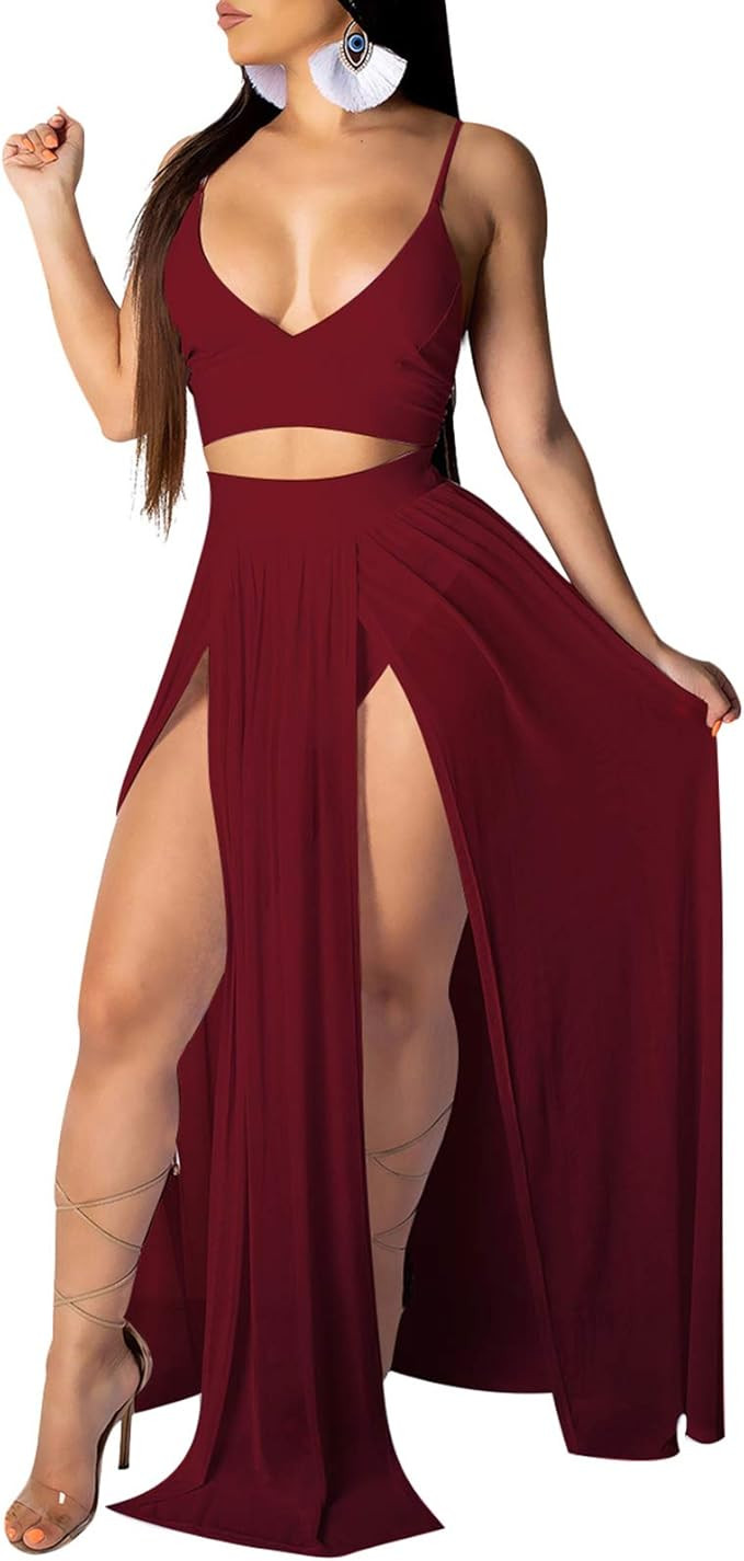 Rela Bota Women's Sexy Summer 2 Piece Maxi Chiffon Dress Crop Top Skirt Set Beachwear Cover Up | Amazon (US)