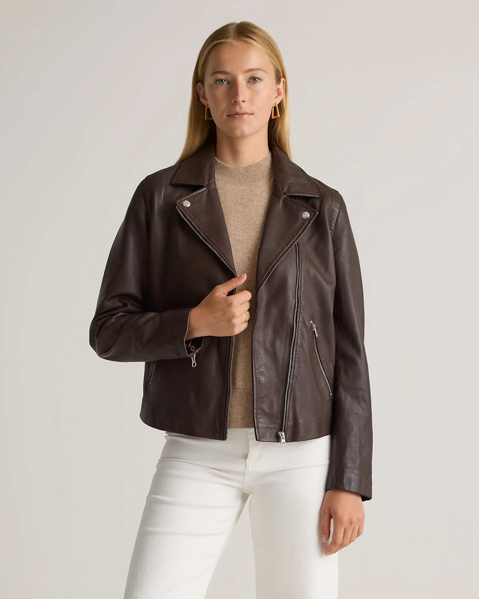 Brown 100% Washed Leather Biker Jacket | Quince