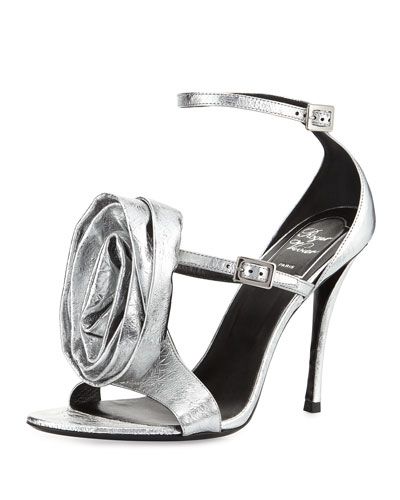 Rose and Roll Leather 100mm Sandal, Silver | Neiman Marcus