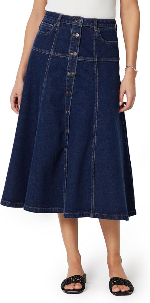 Amazon Essentials Women's A-Line High-Rise Denim Button-Down Midi Skirt | Amazon (US)