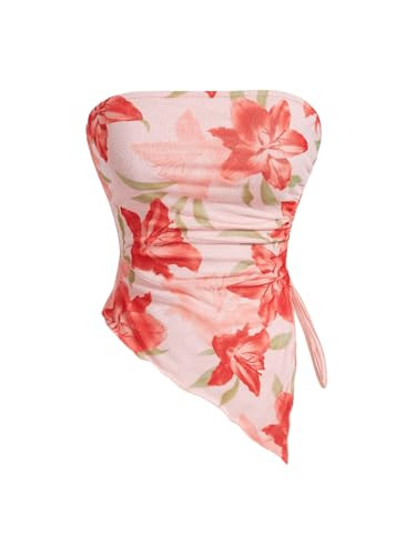 Milumia Women's Floral Print Strapless Tube Top Ruched Drawstring Asymmetrical Tank Tops | Amazon (US)