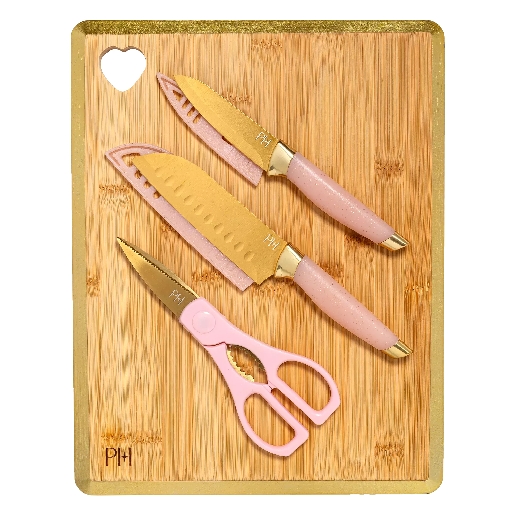 Paris Hilton 7-Piece Bamboo Heart Cutting Board and Stainless Steel Cutlery  Set, Charcoal Gray