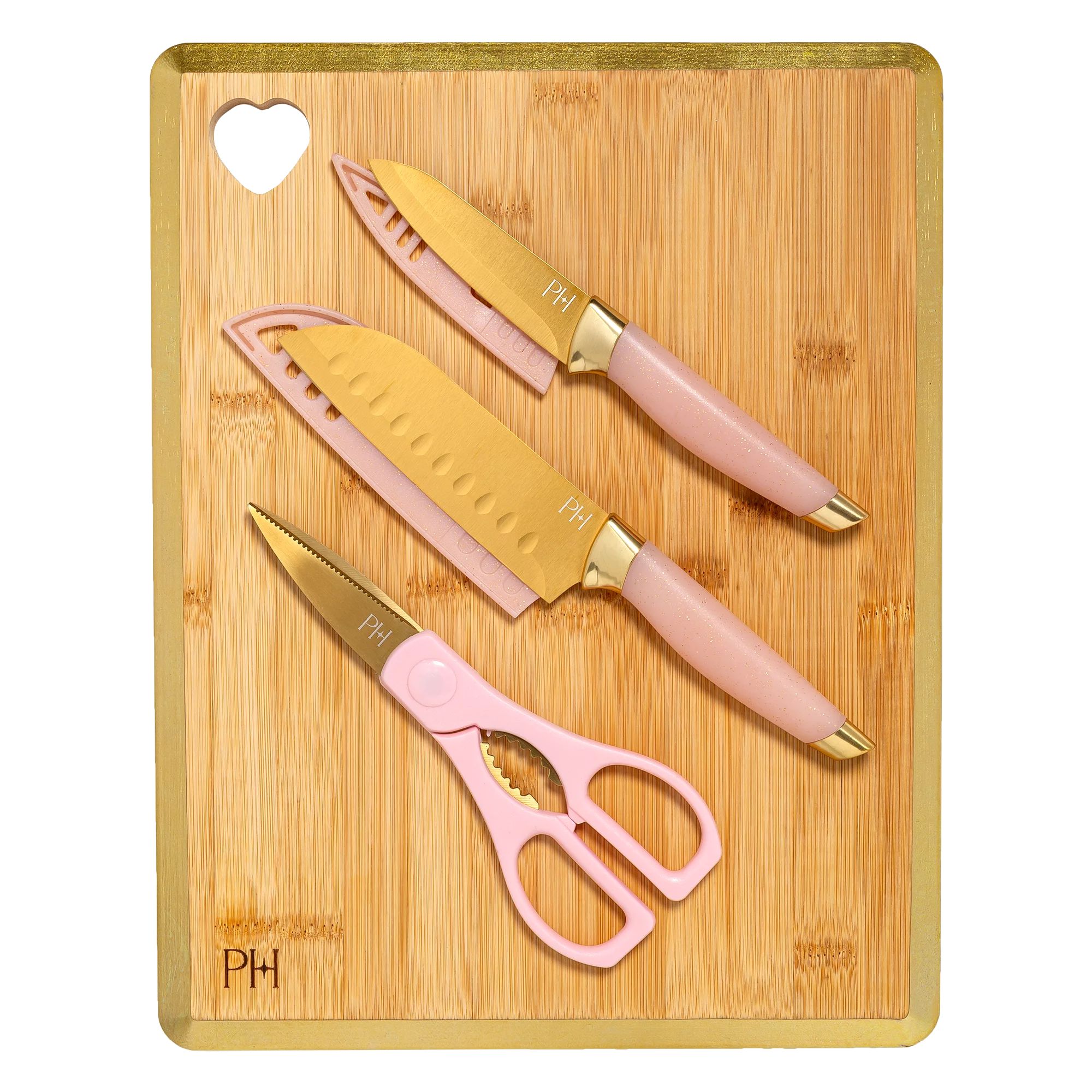 Paris Hilton 6-Piece Stainless Steel Cutlery Set with Bamboo Reversible Cutting Board, Pink | Walmart (US)
