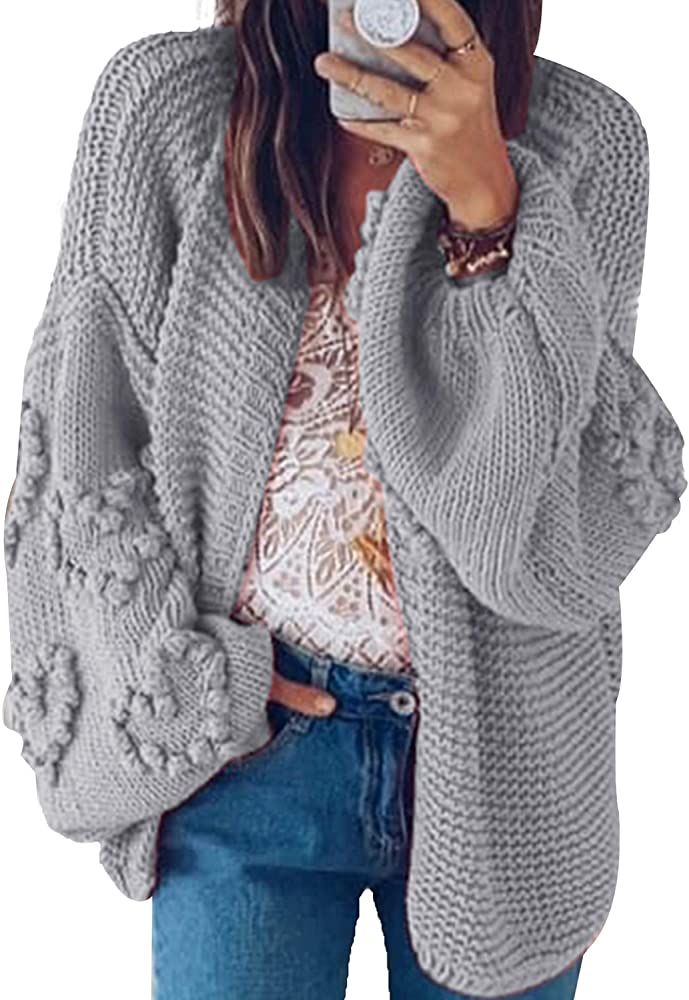 Simplee Women's Oversized Lantern Sleeve Cable Knit Loose Cozy Open Front Cardigan Sweaters | Amazon (US)