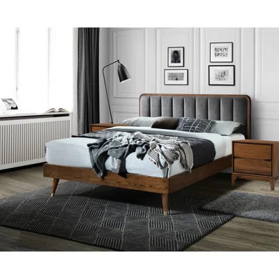 Queen Bed Frame In Mid - Century Design, Solid Wood And Linen Upholstered, Easy Assembly Size Rubberwood, Gold Tone Legs | Wayfair North America