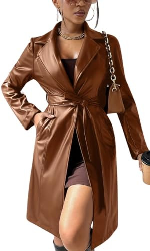 ROMRUM Women Faux Leather Trench Coat Lapel Open Front Long Sleeve Motorcycle Biker Pu Blazer Jacket Overcoat with Belt(2X-Large, Coffee | Amazon (US)
