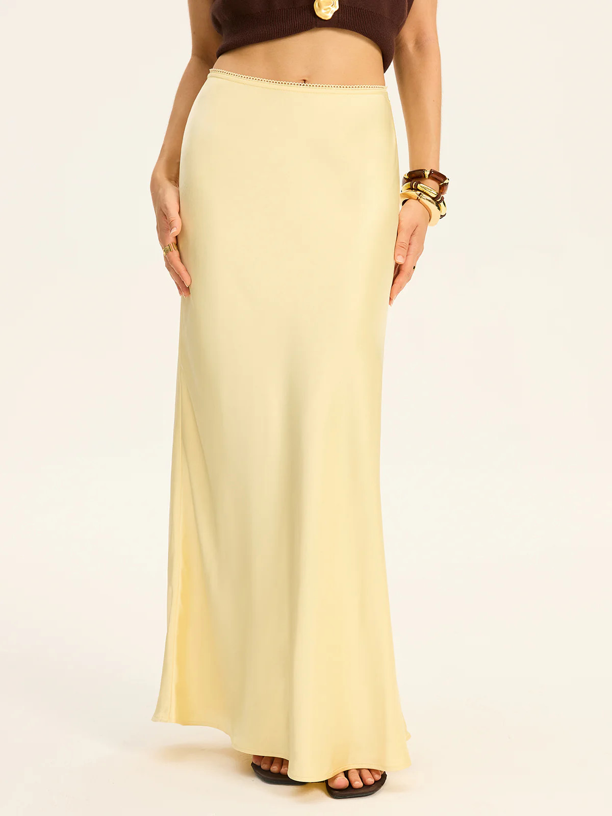 Satin Maxi Skirt with Lace Waistband | Commense