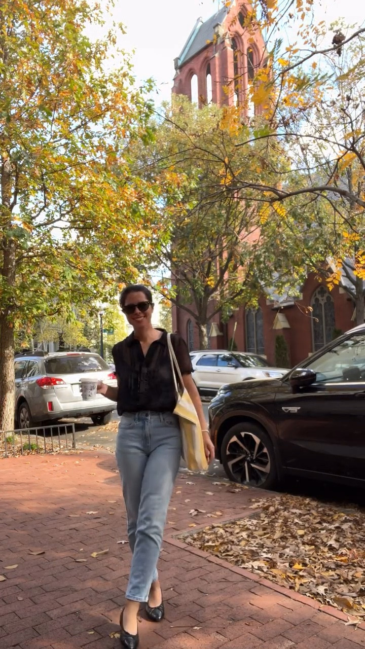 Fall outfit, j. Crew, sheer black top, jeans outfit, Chanel flat, Washington DC, petite 

#LTKStyleTip #LTKVideo #LTKSaleAlert
