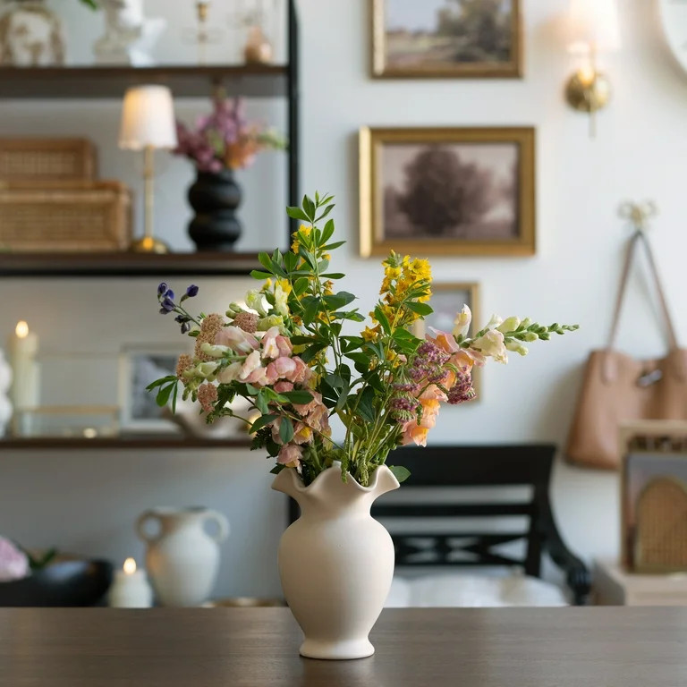 Home Decor Collection Ruffle Shaped off-White Ceramic Indoor Tabletop Vase | Walmart (US)