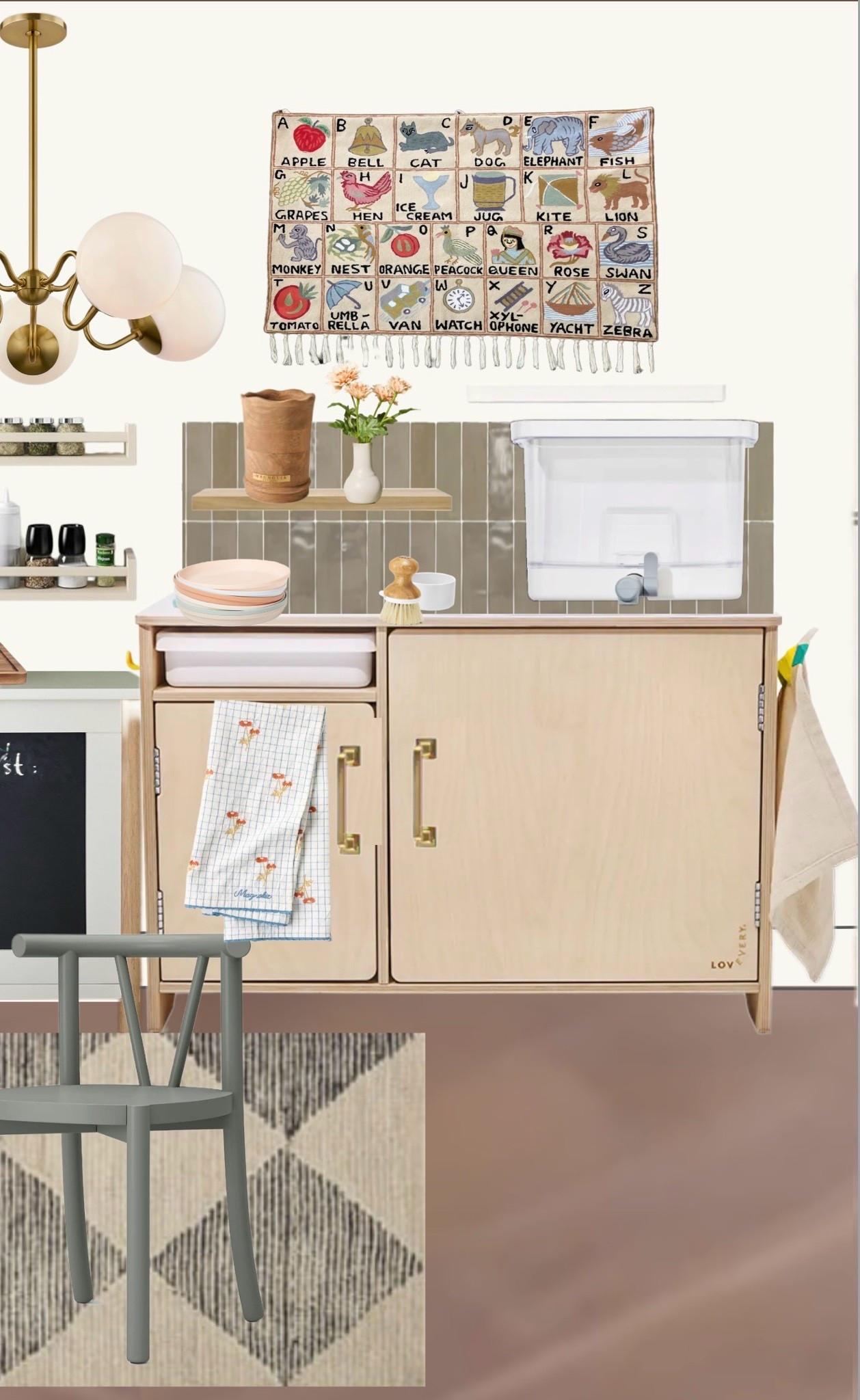 This lovevery play kitchen is functional for toddler kids with a working sink! We love this designer twist with a peel and stick tile backsplash

#LTKHome #LTKKids