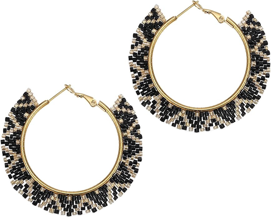 Boho Beaded Hoop Earrings, Handmade Colorful Beads Hoop Earrings for Women Big Circle Bead Huggie... | Amazon (US)