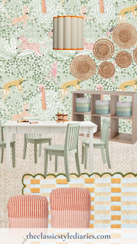 Whimsical playroom design with green kids wallpaper, cubby storage, green accents, woven wall decor, orange ottomans and more! #playroomdesign #girlsplayroom #kidsroomdesign #anthropologierug 

#LTKstyletip #LTKhome
