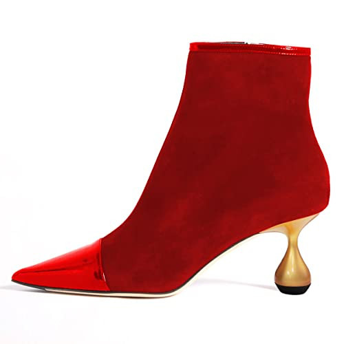 YDN Women Pointed Cap Toe Ankle Boots Gold Block Low Heel Short Booties Side Zipper Fashion Outfit Shoes Size 10 Red | Amazon (US)