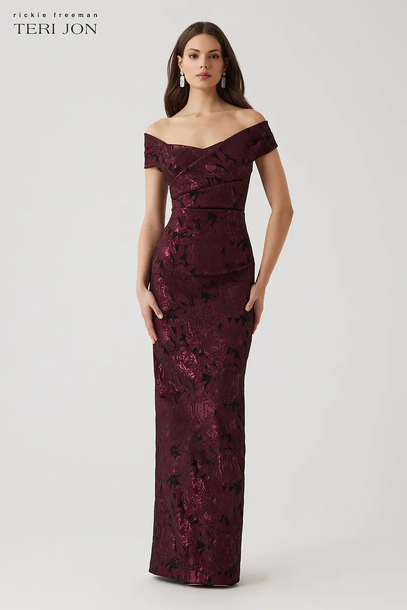 Floral Stretch Jacquard Off The Shoulder Ruched Gown | TERI JON