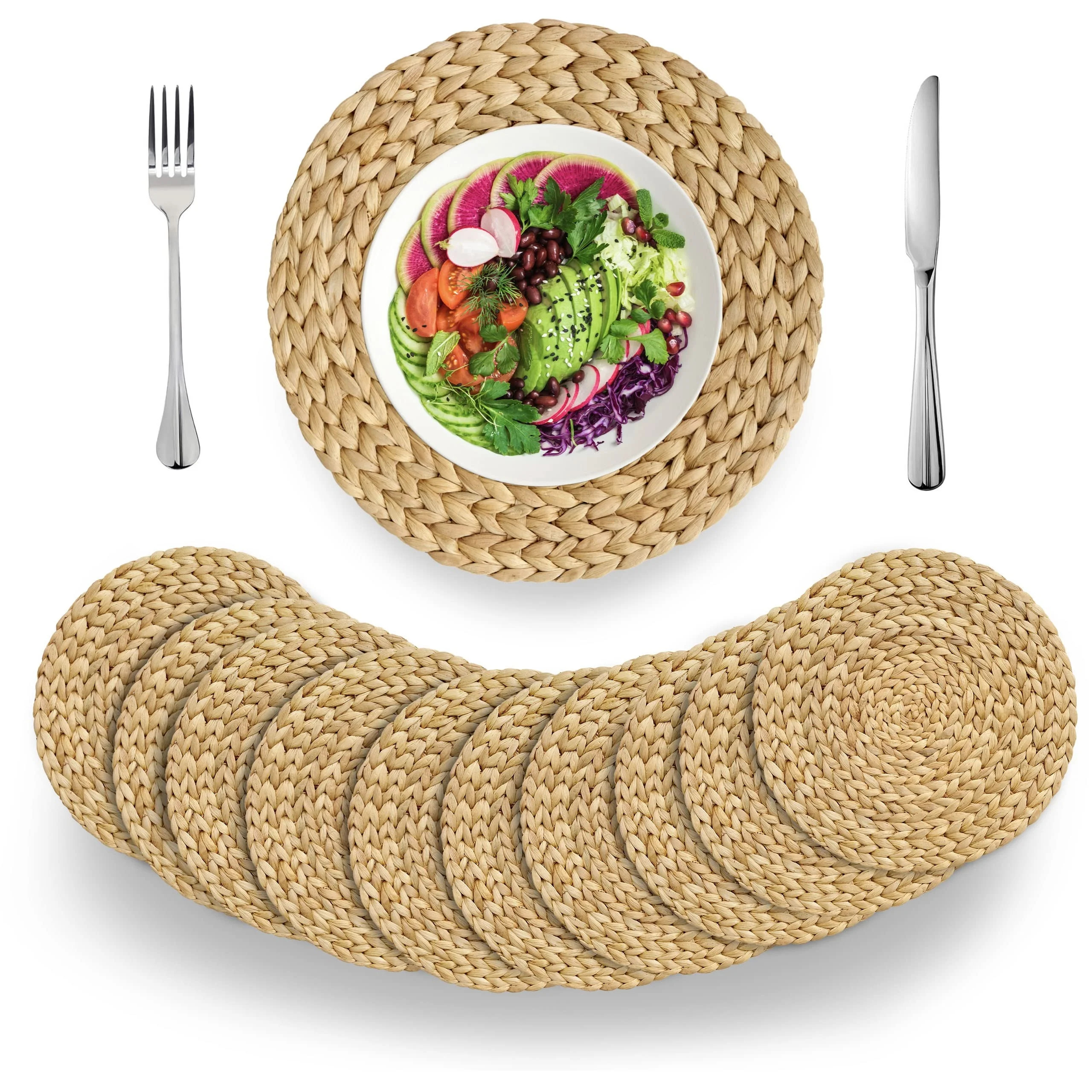 VASGOR 13" Woven Placemats Round Set Of 10 - Natural Water Hyacinth Weave Placemat for Dining Tab... | Walmart (US)