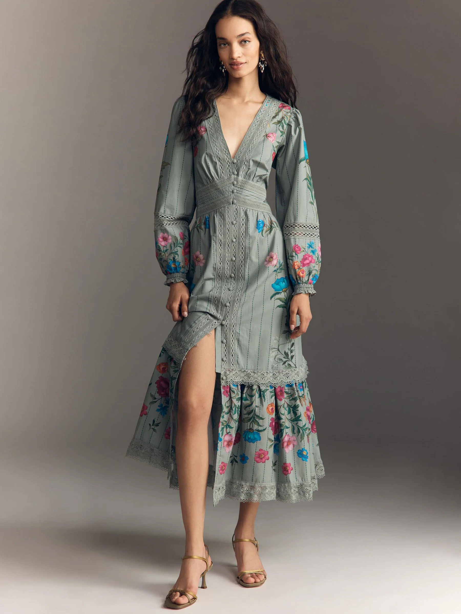 Anthropologie Anthropologie Green Floral Long Sleeved V-Neck Button-Front Midi Dress | Next US