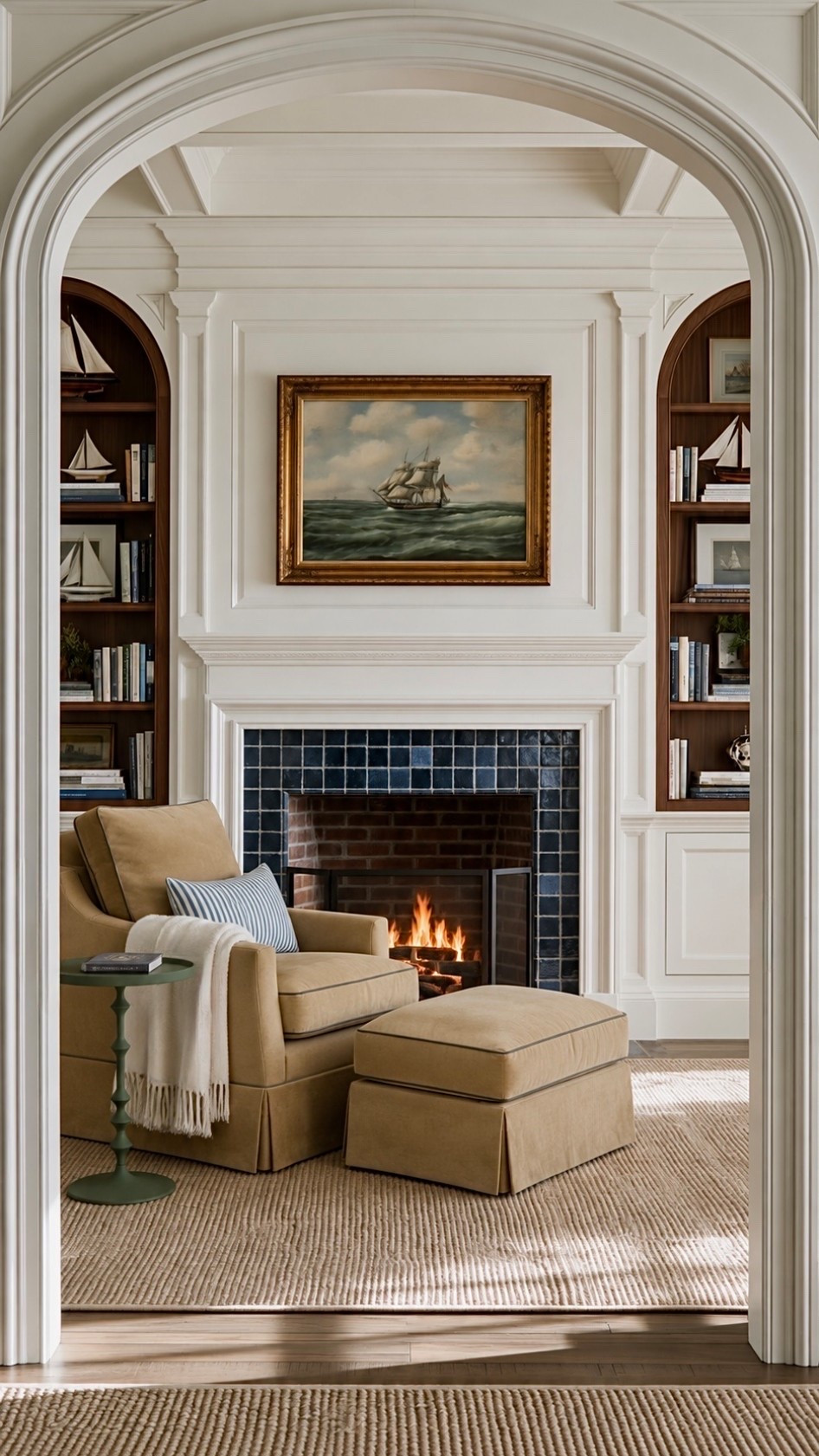 The coziest study, with a velvet camel lounge chair and matching ottoman, bookshelf styling, and nautical art. Plus a gorgeous jute rug.

#LTKHome