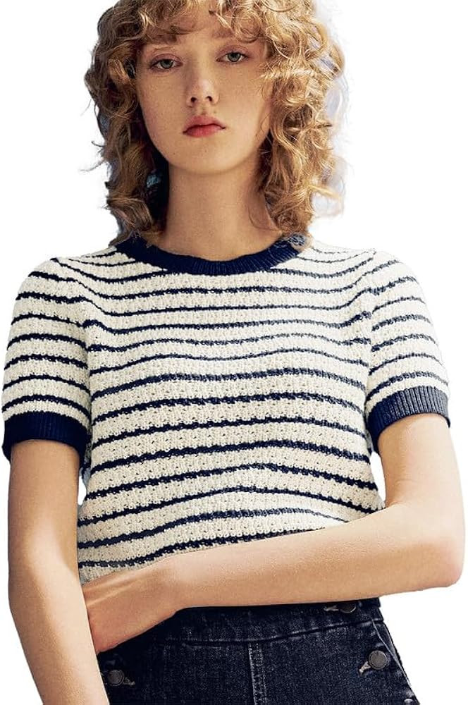 Women's Short Sleeve Striped Sweaters Tops Crew Neck Knit Casual Soft Pullover Shirt | Amazon (US)