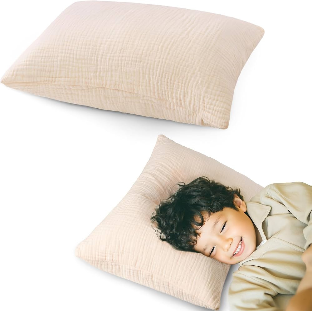 Pro Goleem Toddler Pillow with Muslin Cotton Pillowcase, 13x18 Soft Toddler Pillows for Sleeping Kids Pillow Child Pillow Machine Washable Perfect for Bed, Toddler Cot and Travel, Beige | Amazon (US)