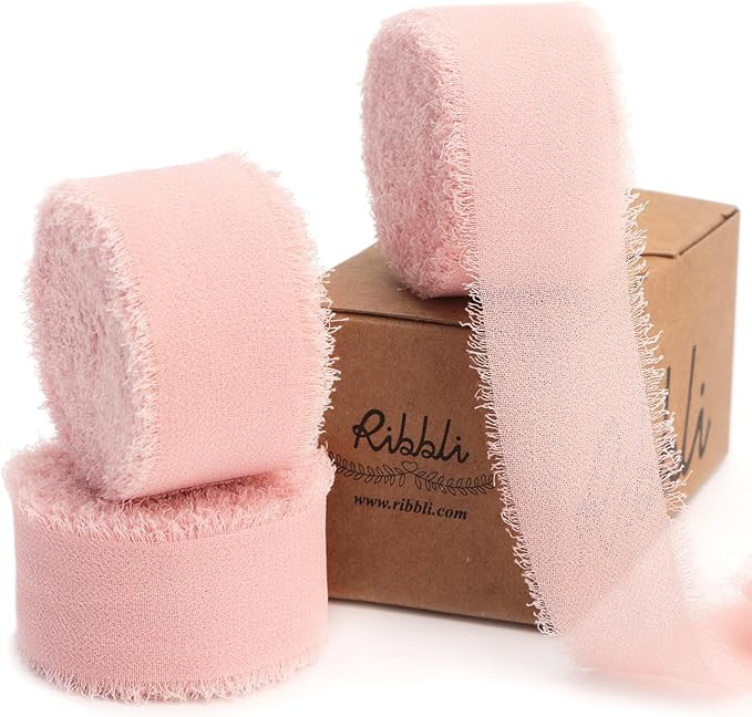 Ribbli Blush Pink Ribbon 1 Inch x 3 Rolls Total 24 Yards Pink Handmade Fringe Chiffon Silk Ribbon... | Amazon (US)