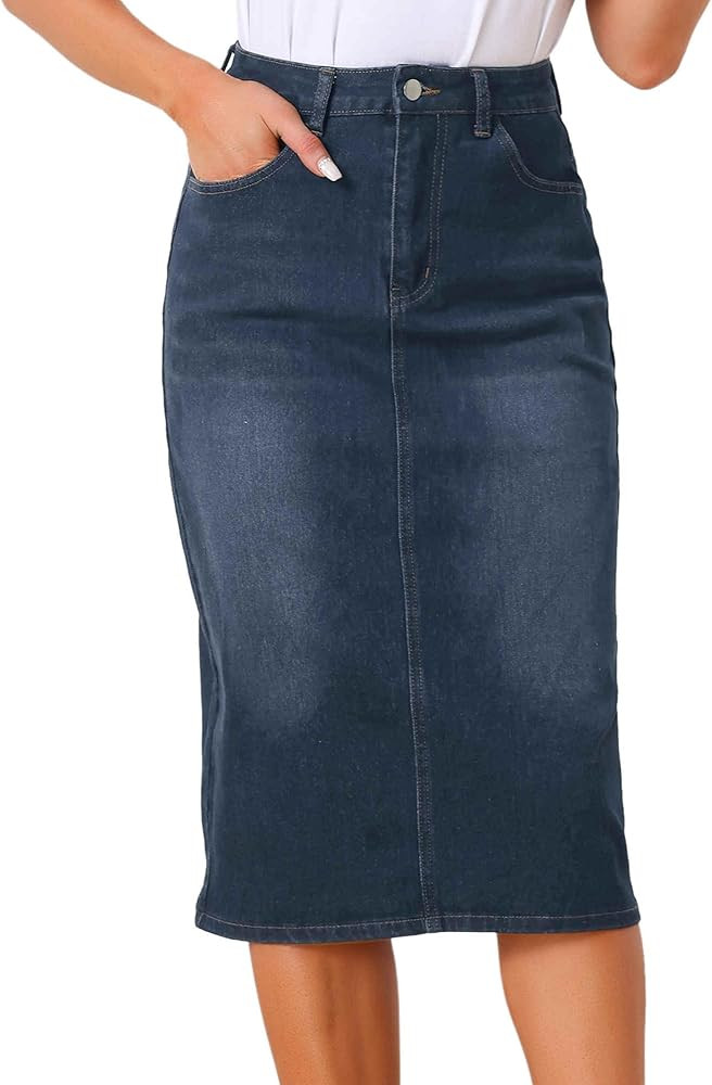 Allegra K Casual Denim Skirt for Women's High Waist Split Back Pockets Midi Jean Skirts | Amazon (US)