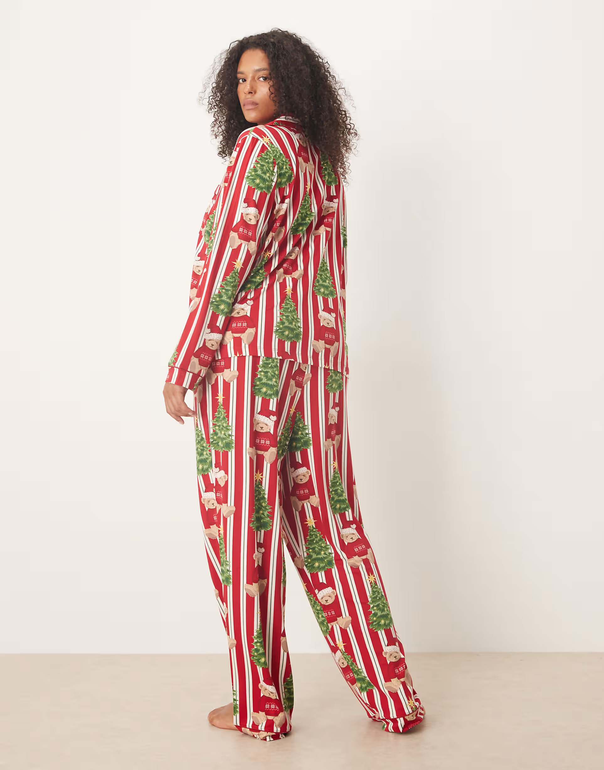 Chelsea Peers Curve poly long sleeve camp collar pajama set in christmas teddy striped print | ASOS (Global)
