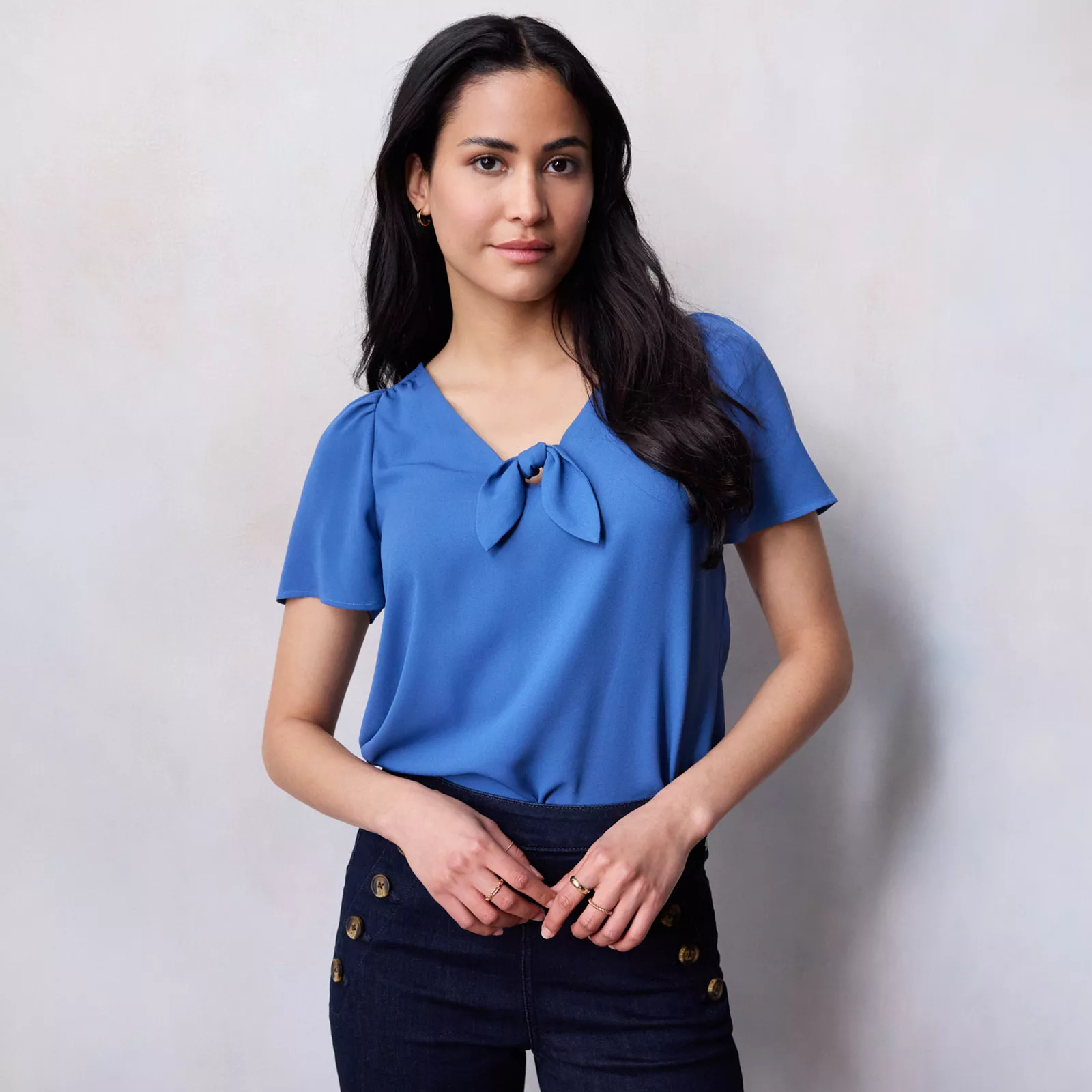 Women's LC Lauren Conrad Woven Tie Front V-Neck Tee, Size: XS, Canyon Blue | Kohl's